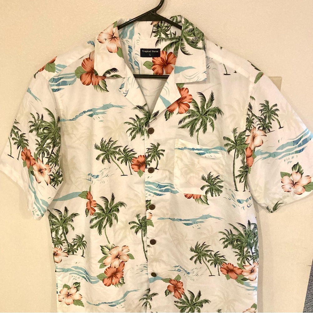 Men’s Tropical Storm Beach Tropical Hawaiian Print Button Down Shirt Size Large - Picture 2 of 7
